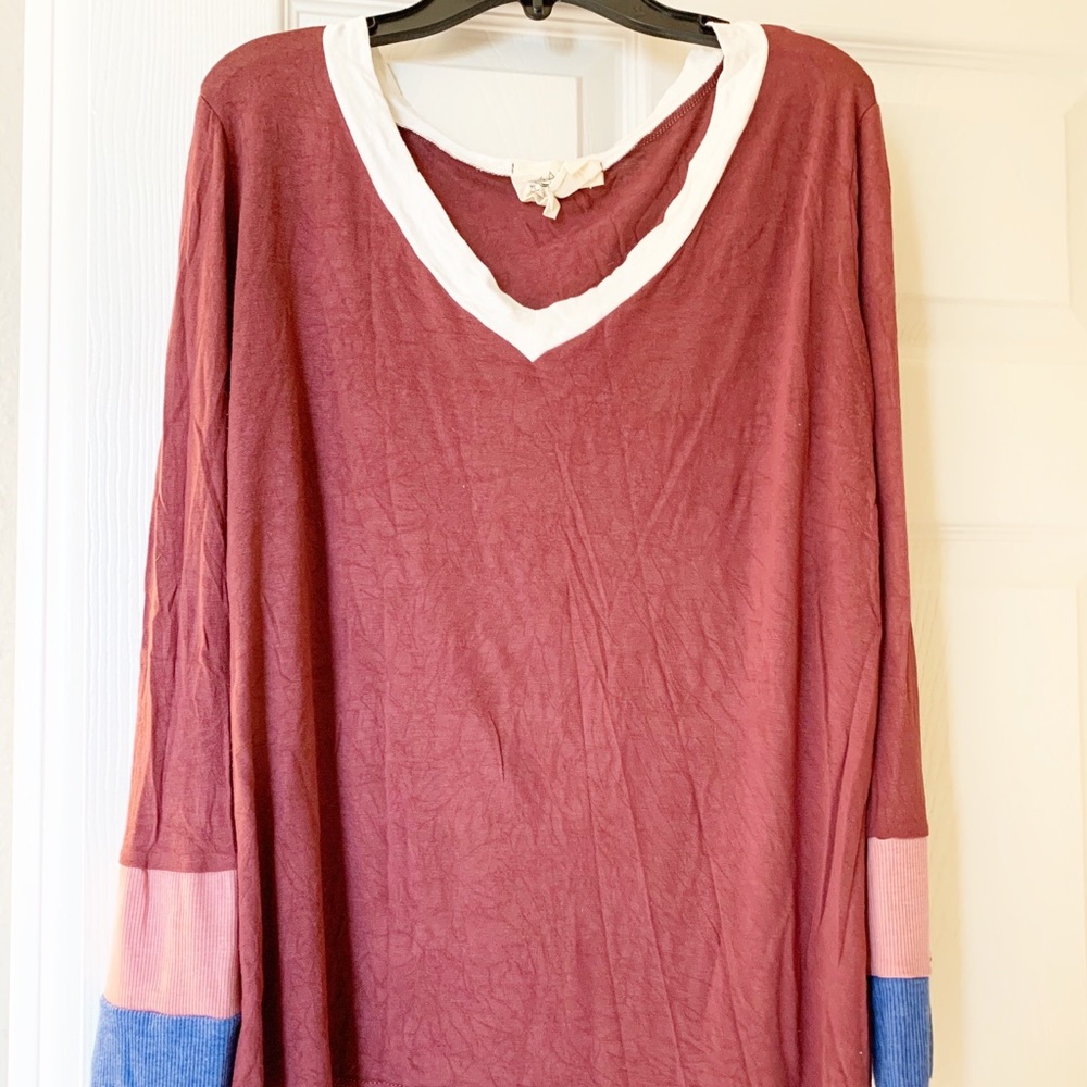 🌸Rust colored Vneck long sleeve colorblock shirt